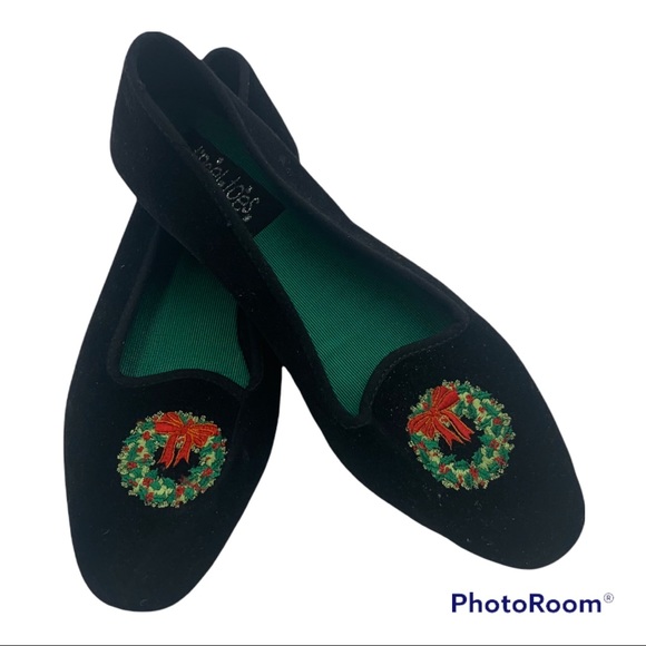 ❤️ Tinsel Toes Black Velvet Christmas Holiday Wreath Festive Slip On Size 6 - Picture 1 of 10